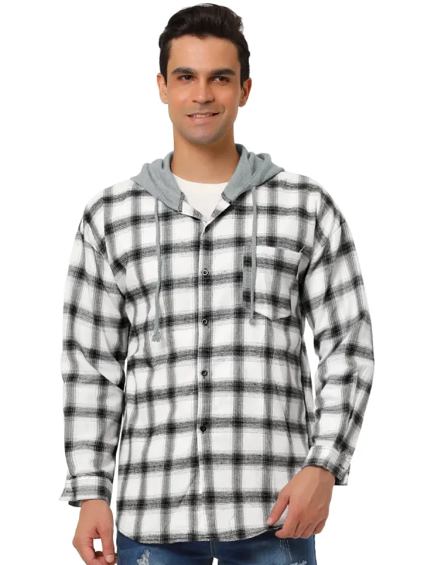 Men's Plaid Hooded Shirts Button Down Long Sleeves Checked Hoodie Shirt Jacket sold by Allegra K