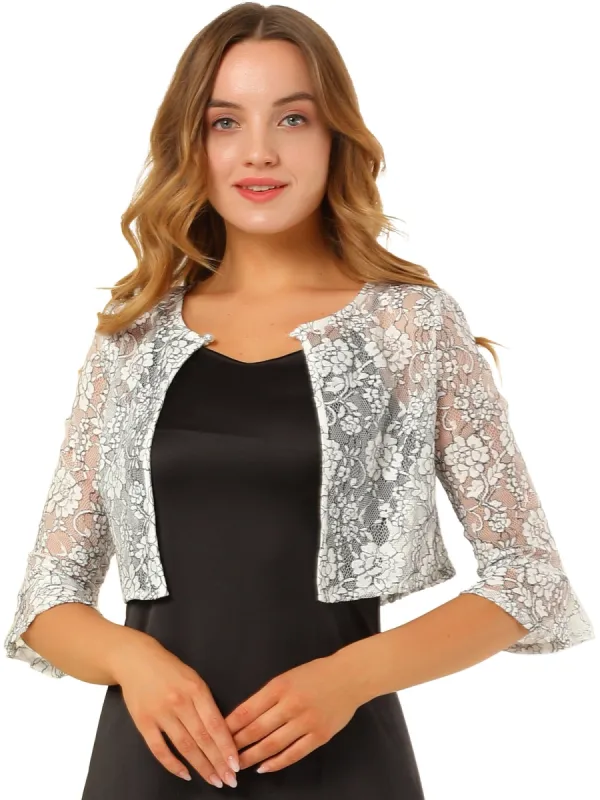 Women's Crop Cardigan Bell Sleeve Sheer Floral Lace Shrug Top sold by Allegra K
