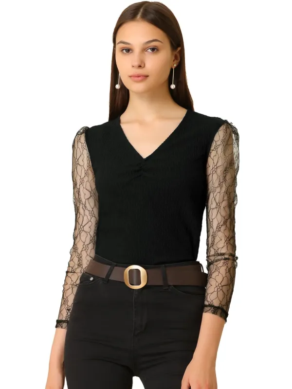 Women's Semi Sheer Lace Panel V Neck Casual Long Sleeve Blouse sold by Allegra K