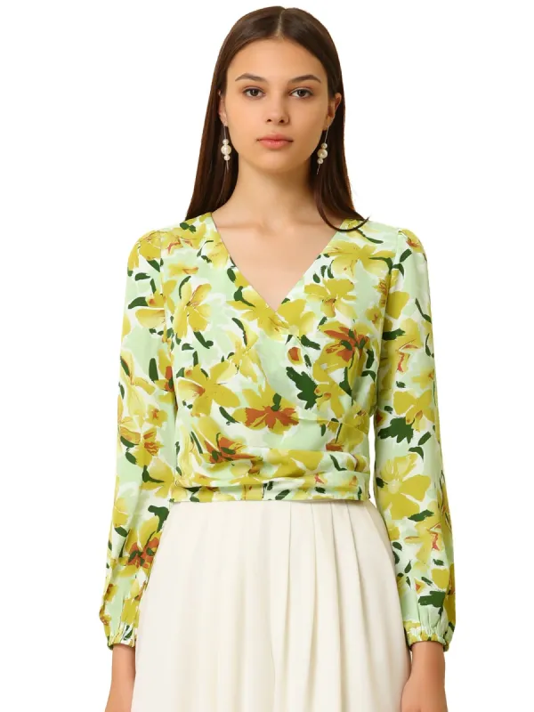 Women's Floral Print V Neck Pleated Waist Lantern Long Sleeve Crop Top sold by Allegra K