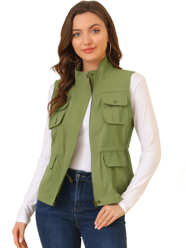 Women's Sleeveless Safari Jacket Lightweight Drawstring Utility Vest sold by Allegra K
