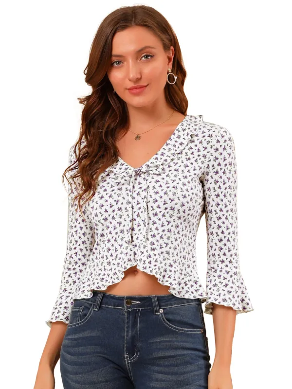 Women's Floral Blouse Ruffles Neck 3/4 Ruffle Sleeve Frilled Top sold by Allegra K
