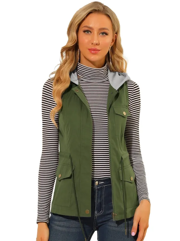 Women's Hooded Sleeveless Jacket Drawstring Waist Utility Lightweight Cargo Vest sold by Allegra K