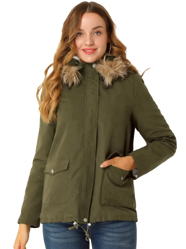 Women's Zip Up Parka Faux Fur Collar Hoodie Cargo Jacket sold by Allegra K