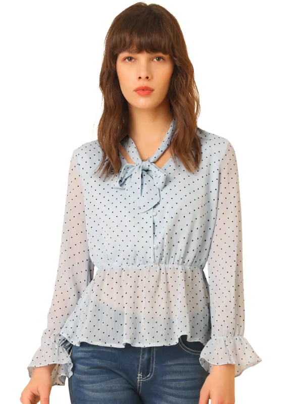 Women's Dots Peplum Shirt Ruffle Cuff Semi Sheer Bow Tie Neck Blouse made by Allegra K