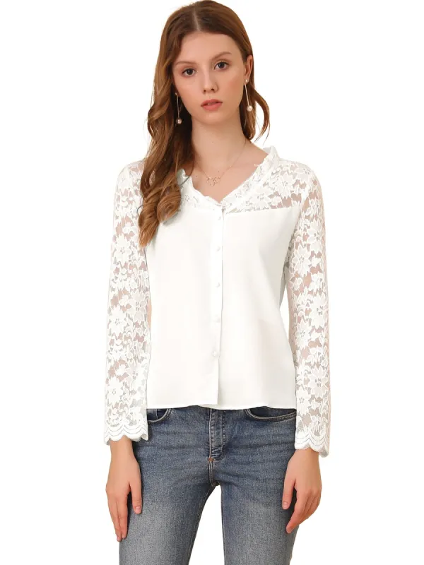 Women's Lace Floral Panel Blouse Ruffle Trim V Neck Long Sleeves Button Front Chiffon Top sold by Allegra K