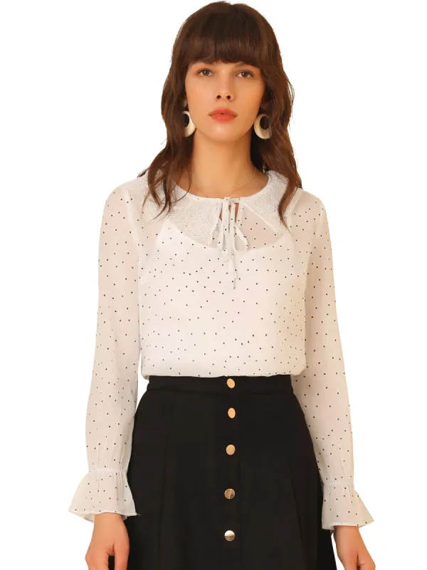 Women's Chiffon Top Lace Ruffled Tie Neck Polka Dots Bell Sleeve Blouse sold by Allegra K