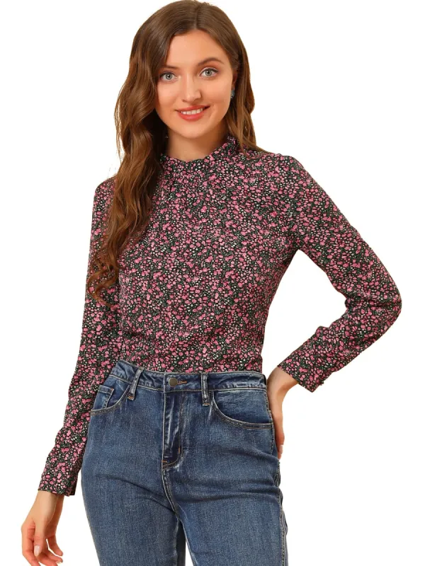 Women's Floral Print Long Sleeve Ruffle High Neck Chiffon Blouse sold by Allegra K