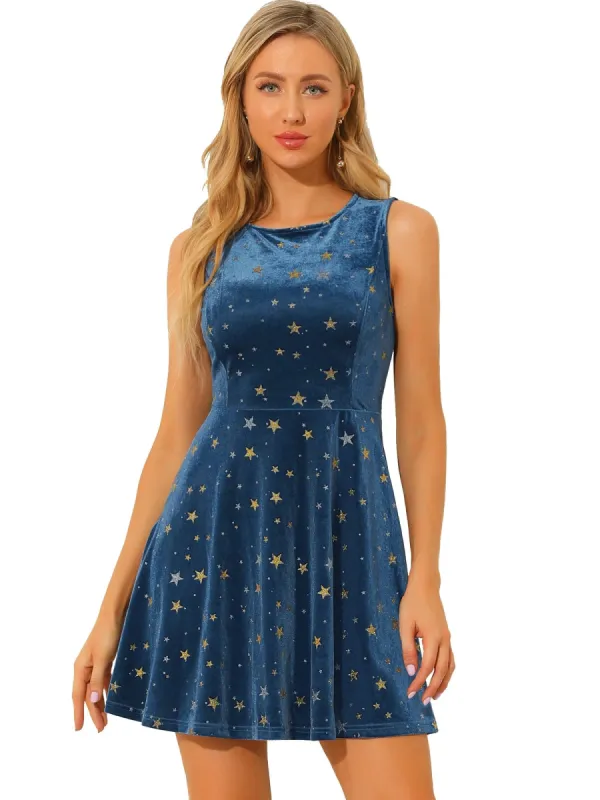Women's Stars Print Velvet Round Neck Sleeveless Mini Dress made by Allegra K