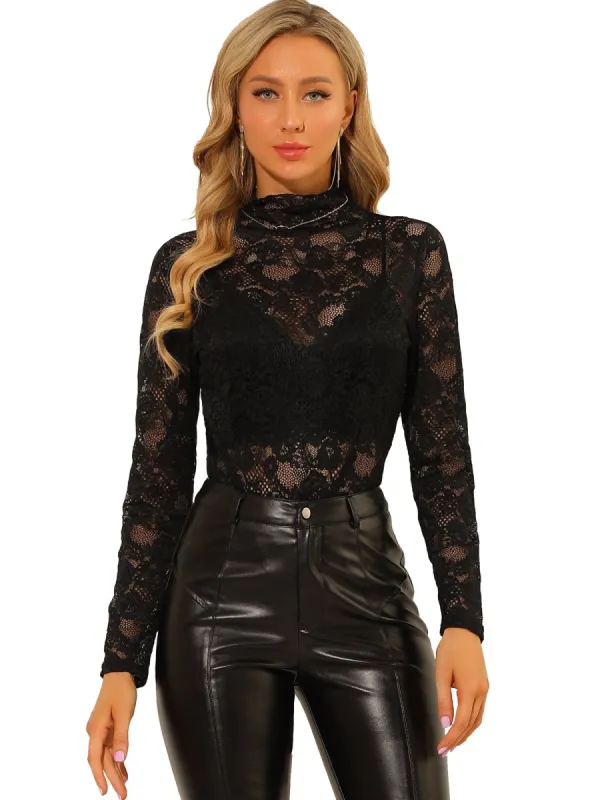 Women's Floral Lace Long Sleeve Mock Neck Sheer Semi-Sheer Blouse Top sold by Allegra K