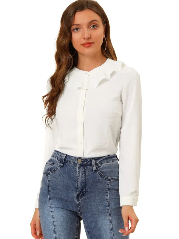 Women's Ruffle Neck Button Closure Long Sleeve Swiss Dots Casual Chiffon Blouse Shirt sold by Allegra K