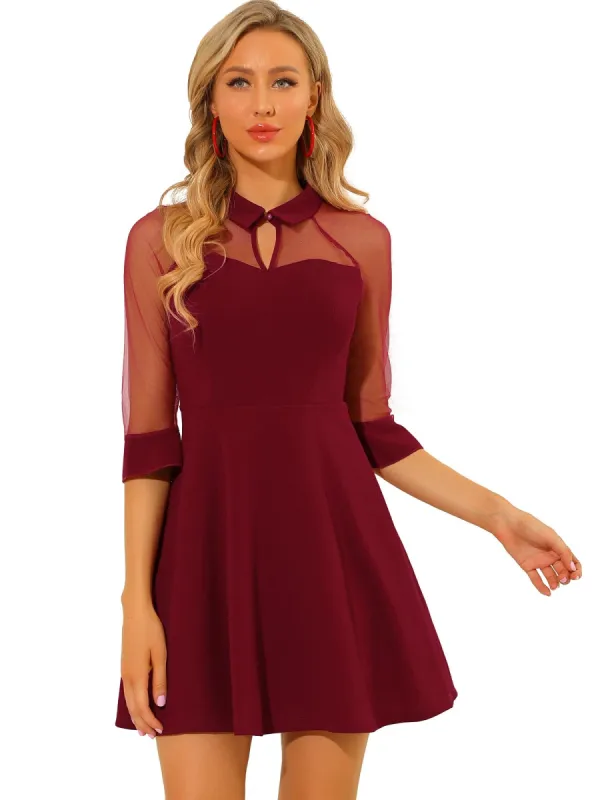 Women's Cocktail Dresses 3/4 Sleeves Keyhole Neck Mesh Sheer Party A-Line Dress sold by Allegra K
