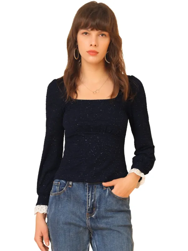Women's Elegant Square Neck Lace Panel Stretchy Long Sleeve Top Blouse sold by Allegra K