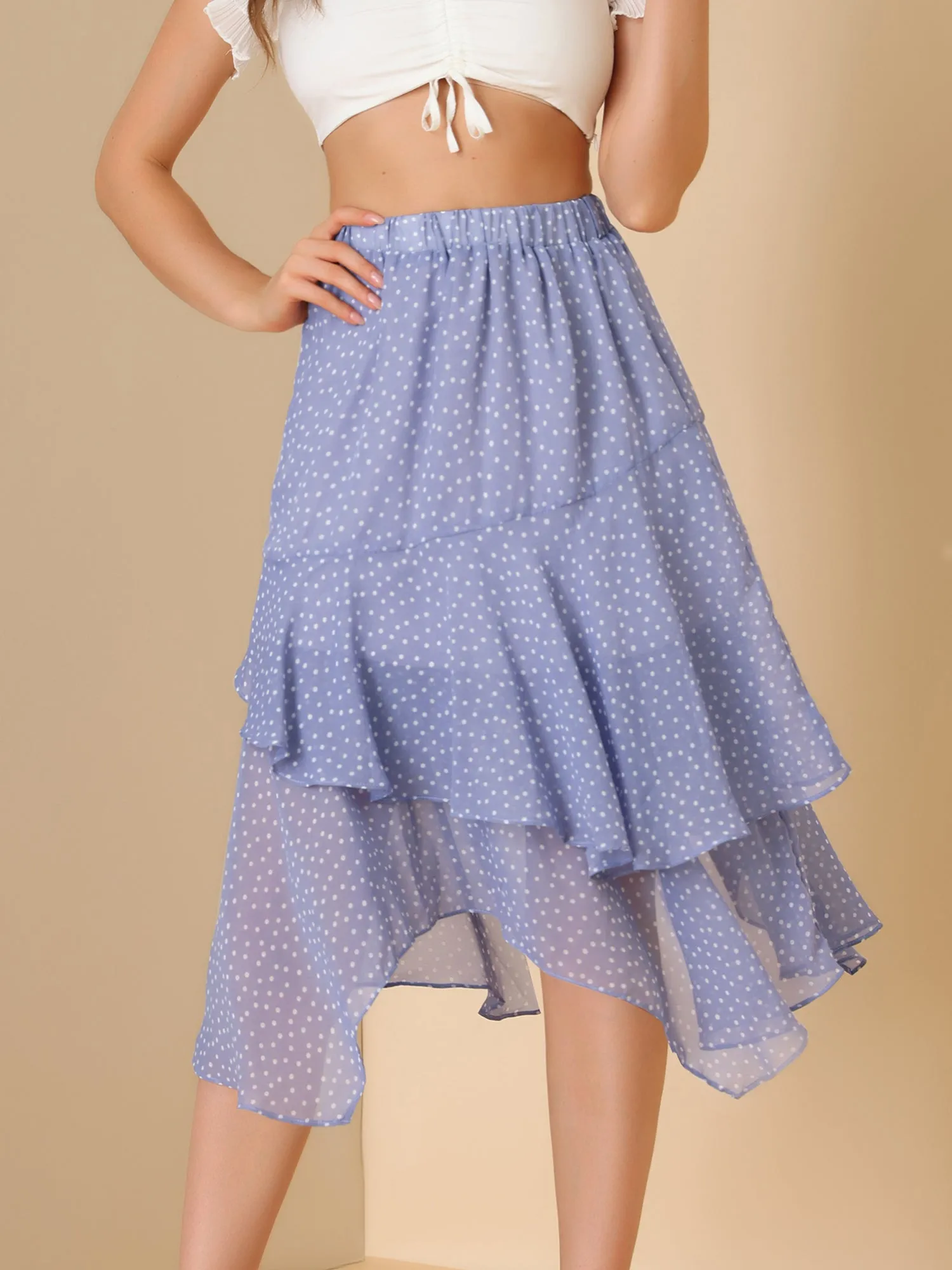 Polka Dots Elastic High Waist Irregular Layered Chiffon Skirt sold by Allegra K product image thumbnail 2
