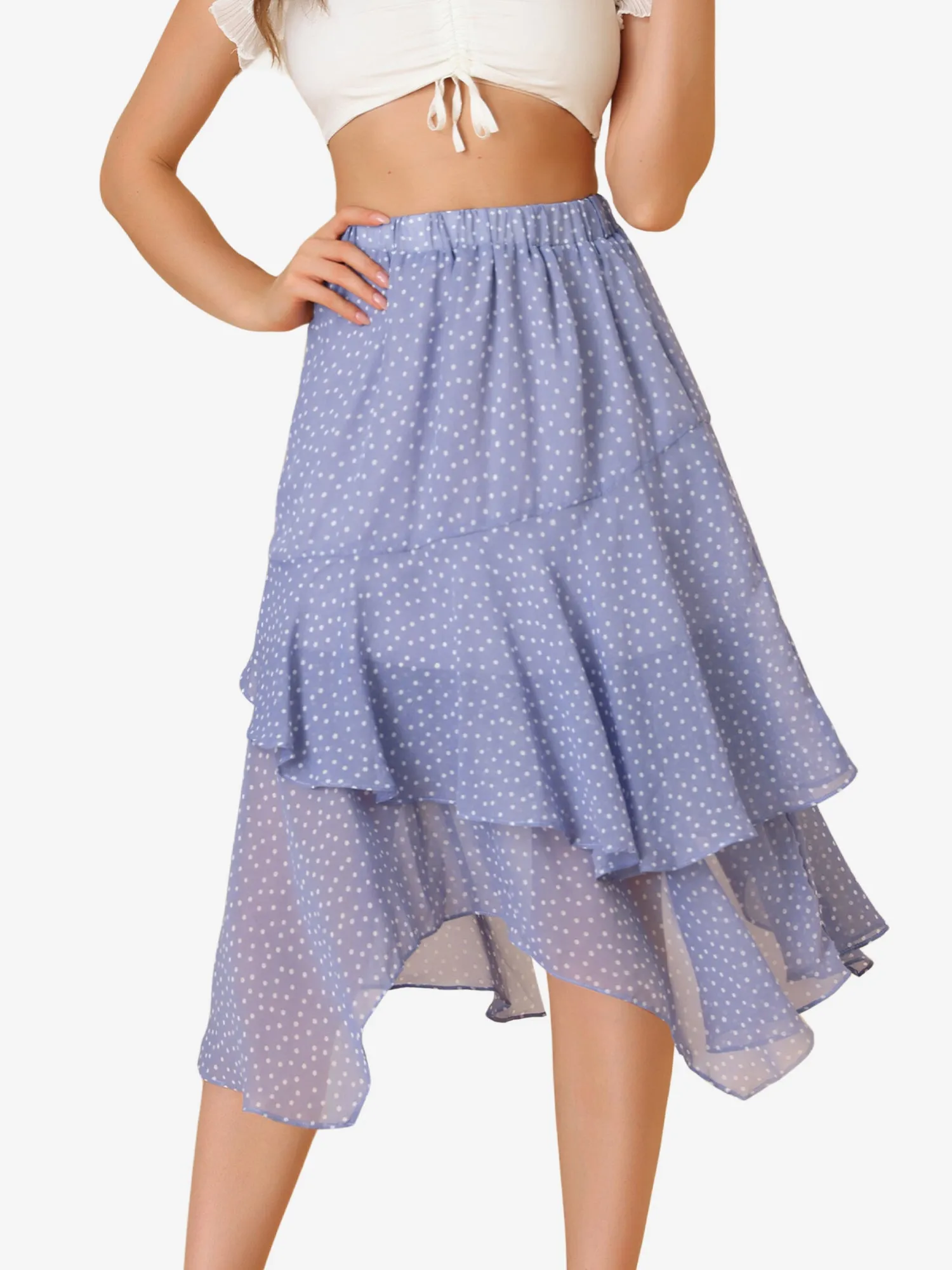 Polka Dots Elastic High Waist Irregular Layered Chiffon Skirt sold by Allegra K