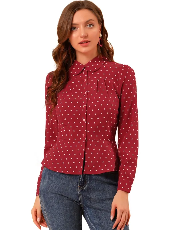 Women's Vintage Heart Shirt Elegant Button Front Blouse Peter Pan Collar Top sold by Allegra K