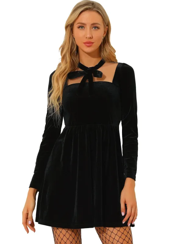 Women's Velvet Party Sheer Mesh Panel Tie Neck Sexy A-Line Mini Dress sold by Allegra K