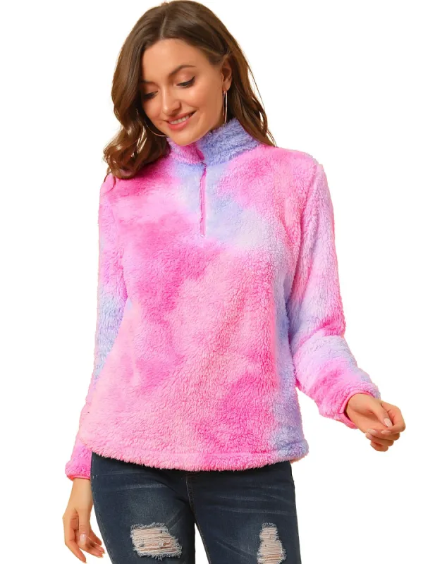 Women's Tie-Dye Faux Fleece Pullover Stand Collar Pockets Fuzzy Zipper Fluffy Coat sold by Allegra K