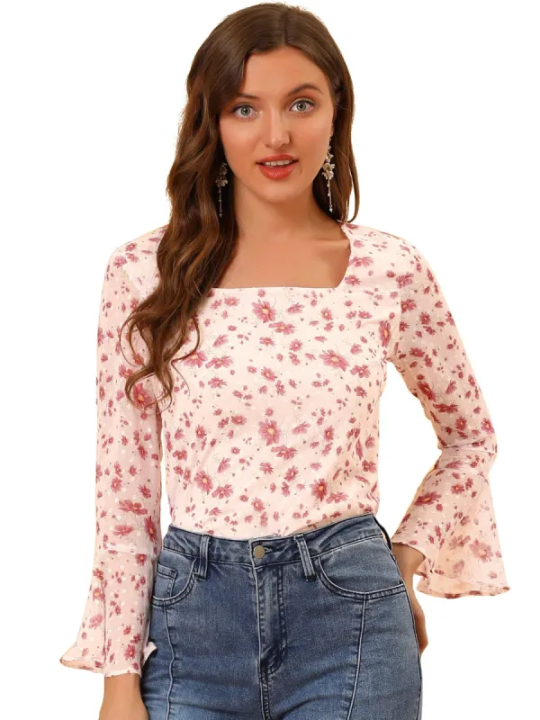 Women's Square Neck Bell Sleeve Floral Chiffon Blouse sold by Allegra K