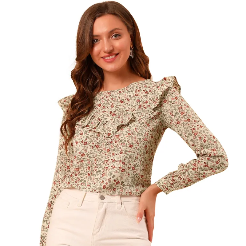 Women's Floral Printed Top Long Sleeve Round Neck Ruffle Collar Blouse sold by Allegra K