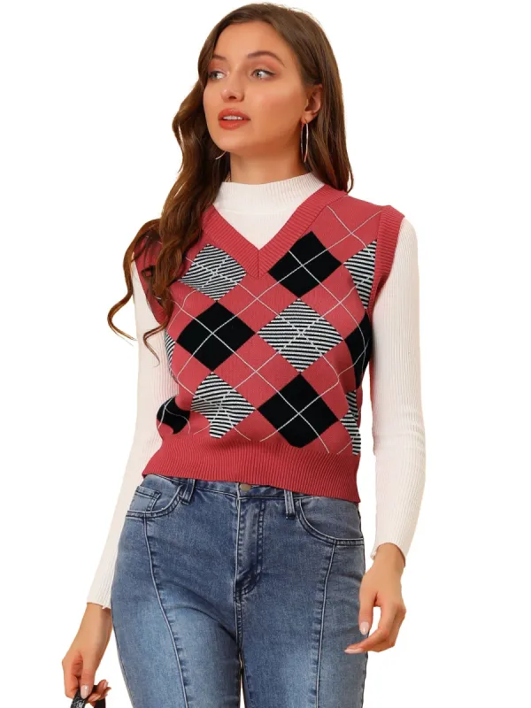Women's Crop Sleeveless V Neck Preppy Tank Top Argyle Plaid Sweater Vest sold by Allegra K