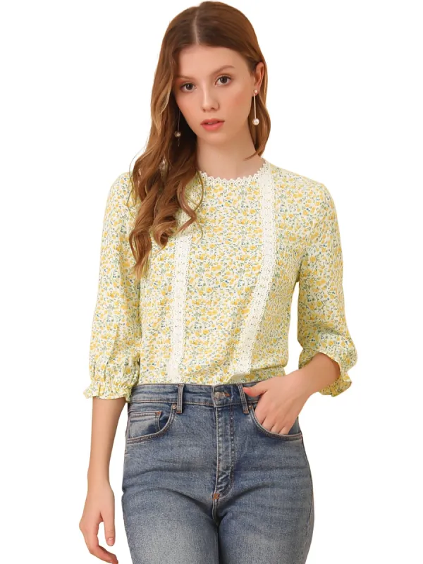 Women's Chiffon 3/4 Sleeves Round Neck Ruffle Cuff Ditsy Floral Blouse sold by Allegra K