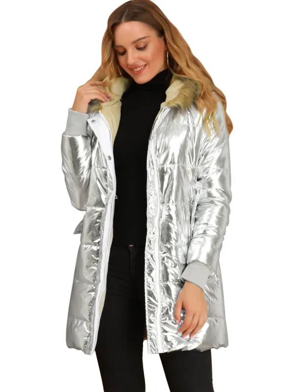 Women's Hooded  Faux Fur Collar Over Hip Zip Up Metallic Shiny Parka Jacket sold by Allegra K