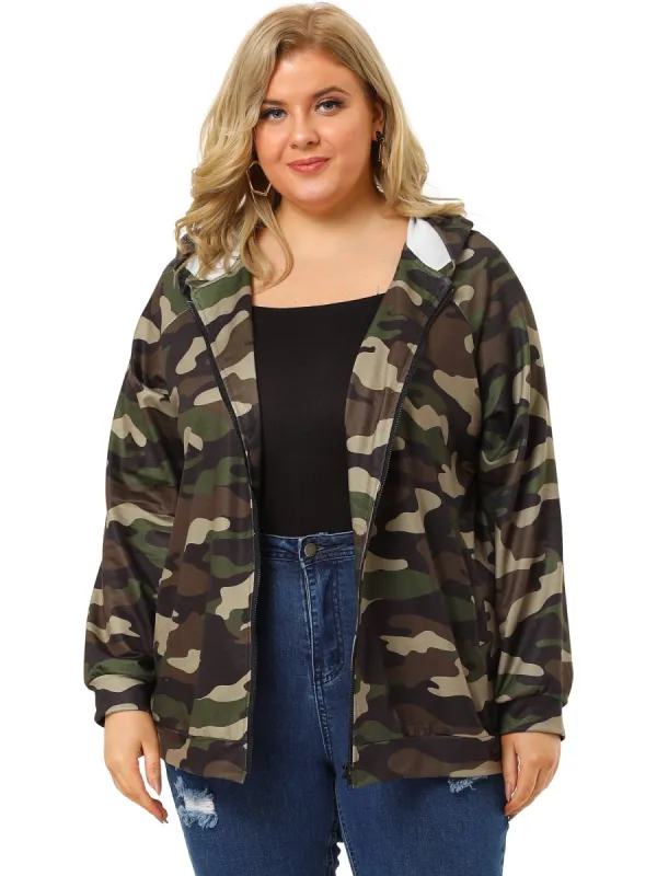 Women's Plus Size Sweatshirts Gathered Cuff Raglan Sleeve Work Full Zip Up Hoodie Sweatshirt sold by Allegra K