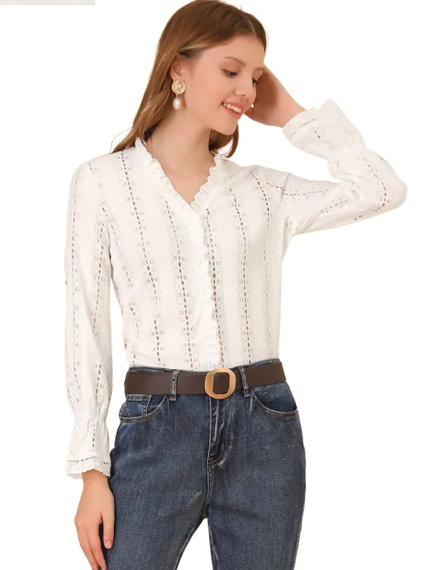 Women's Ruffle V Neck Ruffle Front Hollow Out Long Sleeve Tops made by Allegra K