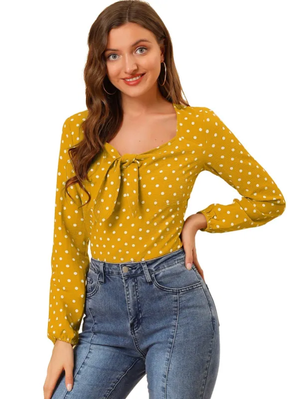 Women's Casual Tie Long Sleeve Polka Dots Top sold by Allegra K
