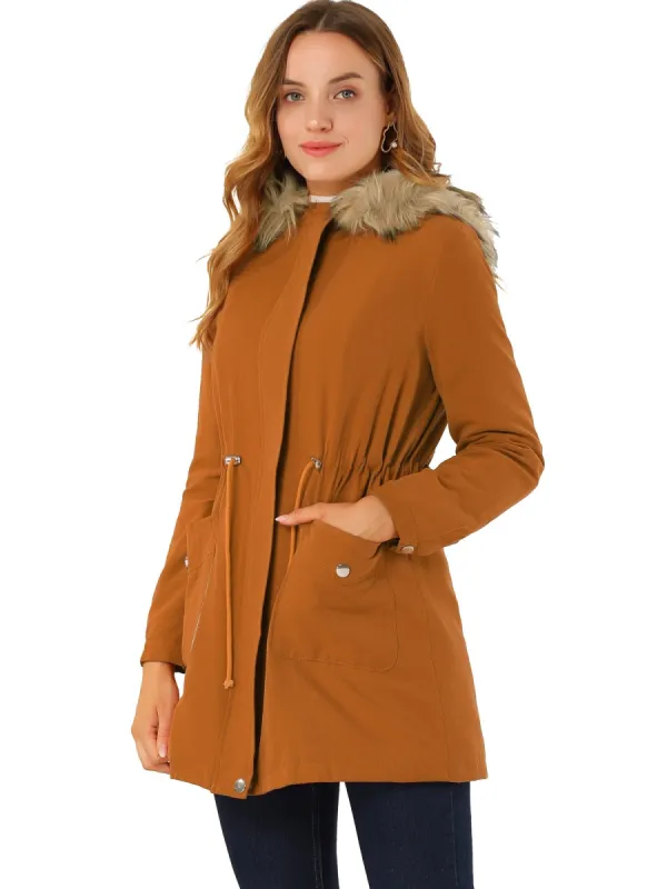 Women's Parka Coat Faux Fur Hooded Tie Wasit Jacket with Pockets sold by Allegra K