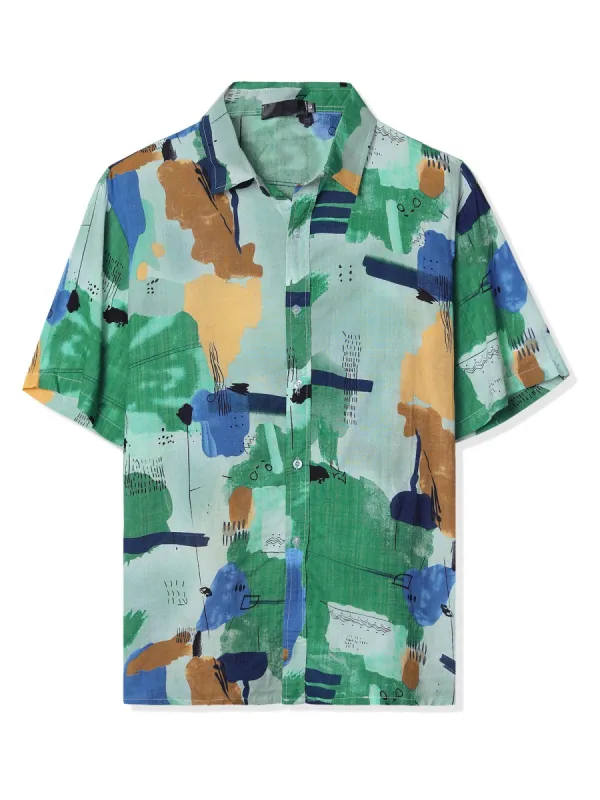 Men's Printed Shirt Button Down Short Sleeves Summer Hawaiian Color Block Shirts sold by Allegra K