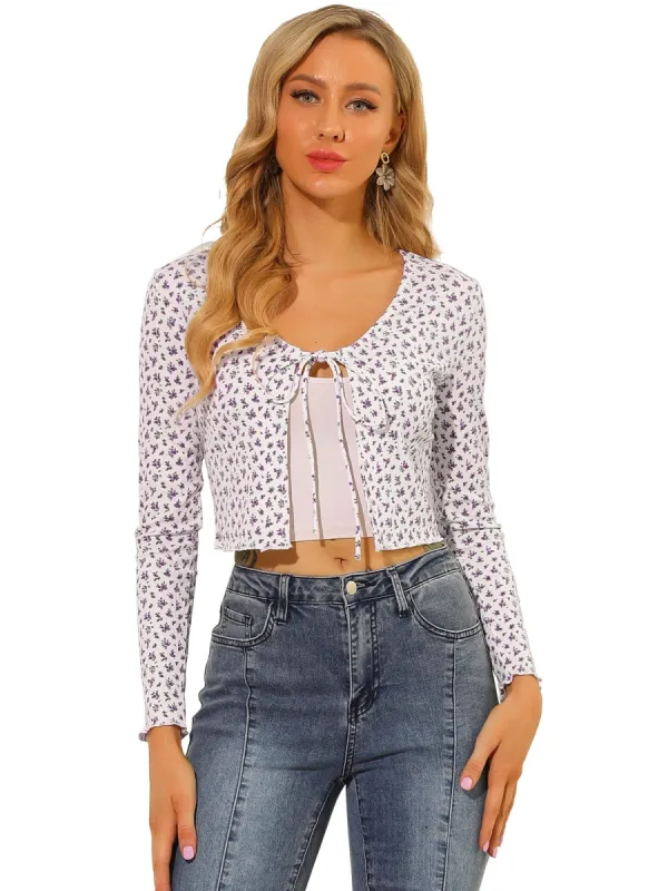 Women's Tie Front Bolero Shrug Long Sleeve Knit Floral Crop Cardigan made by Allegra K