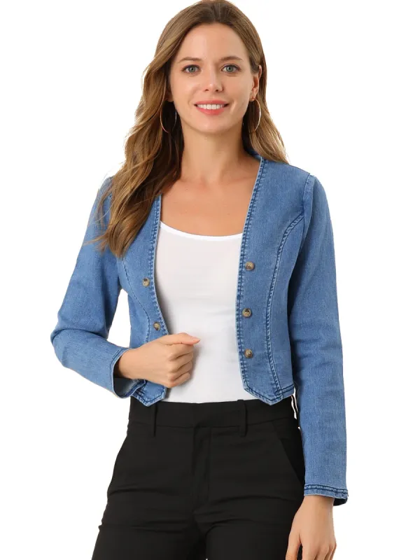 Women's Open Front Collarless Button Decor Washed Cropped Denim Jacket sold by Allegra K
