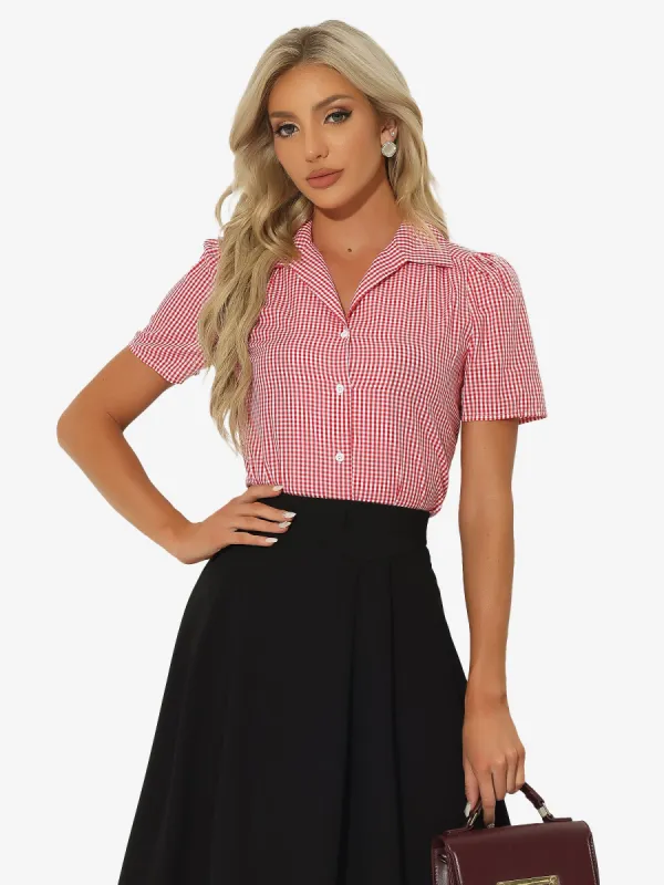 Puff Sleeves Vintage Summer Gingham Plaid Shirt Blouse sold by Allegra K