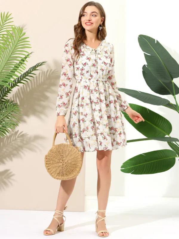 Chiffon Long Sleeve High Waist Flowy A-Line Ruffled Floral Dress sold by Allegra K