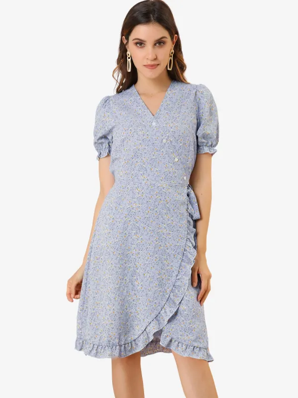 Puff Short Sleeve V Neck Tie Belt Ruffled Hem Floral Wrap Dress sold by Allegra K