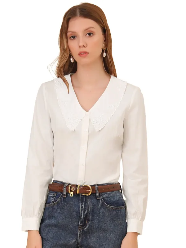 Women's Lace Embroidery Peter Pan Collar Shirt Lantern Sleeve Button Blouse Top sold by Allegra K