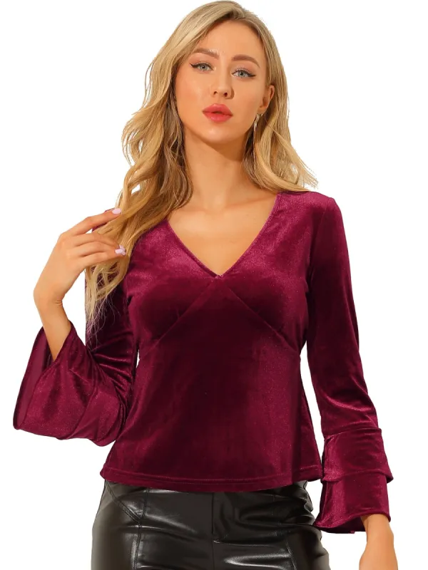 Women's V Neck Velvet Blouse Flare Long Sleeve Peplum Top sold by Allegra K
