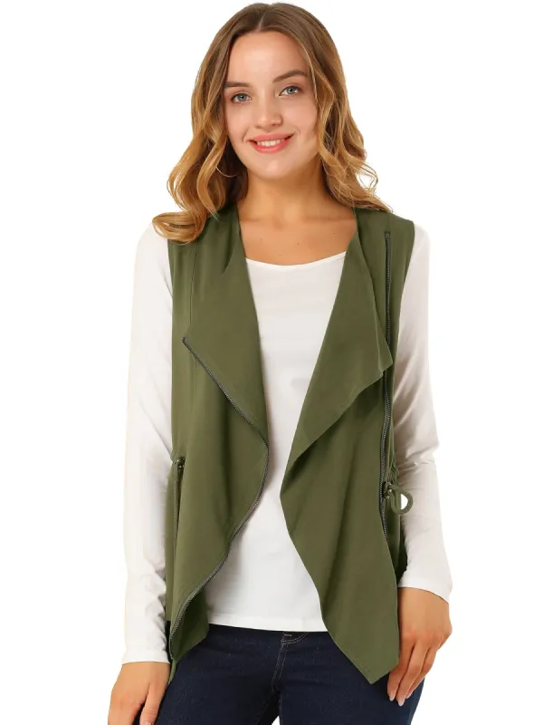 Women's Sleeveless Vest Drawstring Waist Shawl Collar Zip Up Jacket sold by Allegra K
