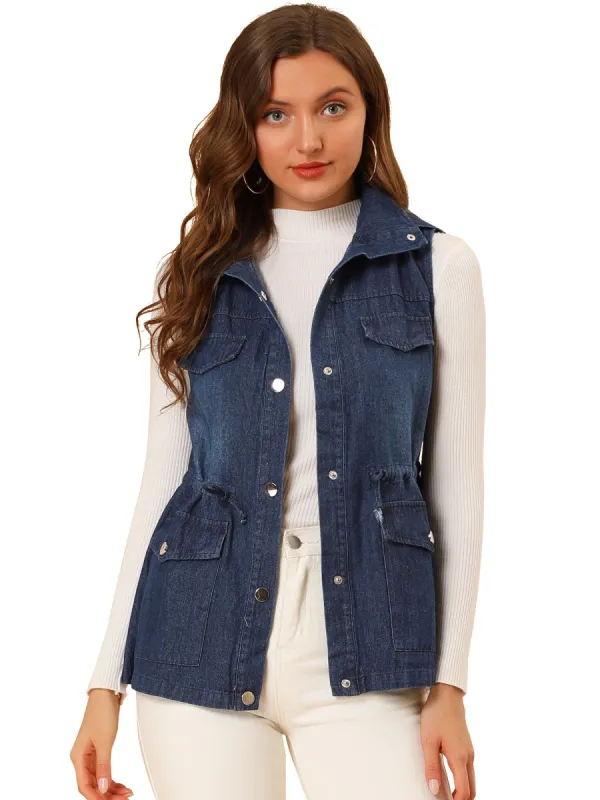 Women's Sleeveless Drawstring Waist Detachable Hooded Denim Jacket Vest sold by Allegra K