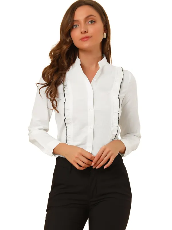 Women's Stand Collar Tops Long Sleeve Button Up Contrast Piping Ruffle Trim Career Blouse Shirt sold by Allegra K