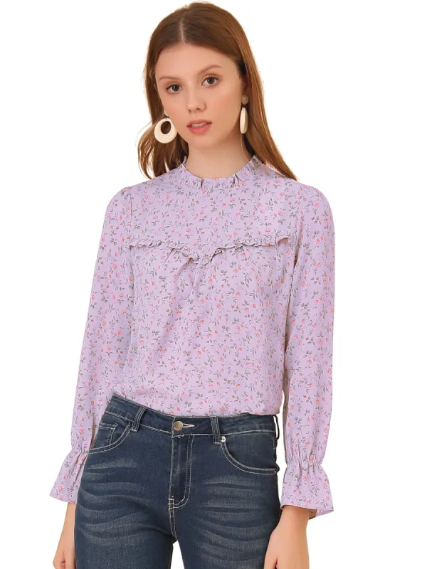 Women's Floral Printed Ruffle Neck Long Sleeve Keyhole Back Chiffon Blouse Top sold by Allegra K