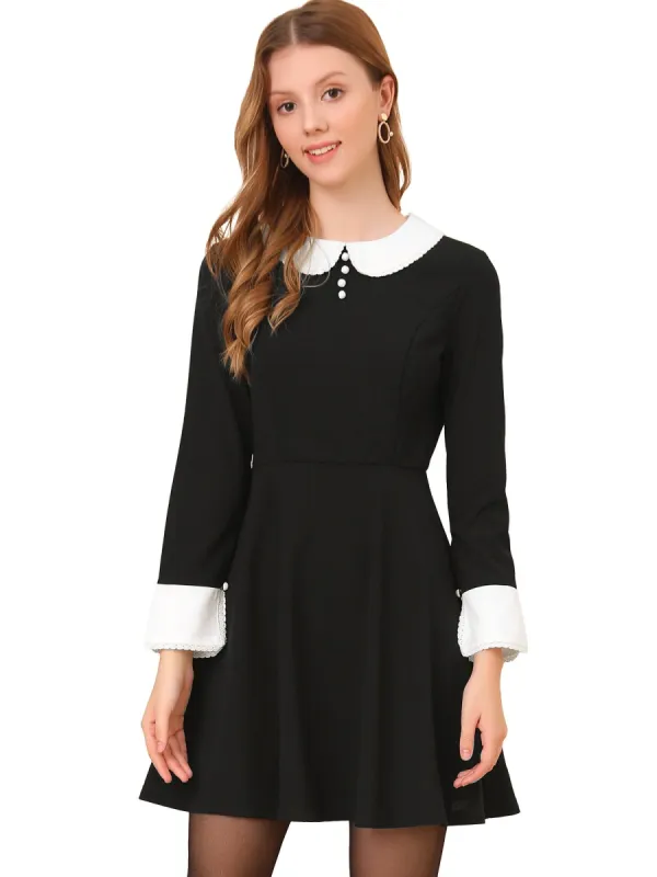 Women's Peter Pan Collar Contrast Button Decor Long Sleeve Flare Dress sold by Allegra K
