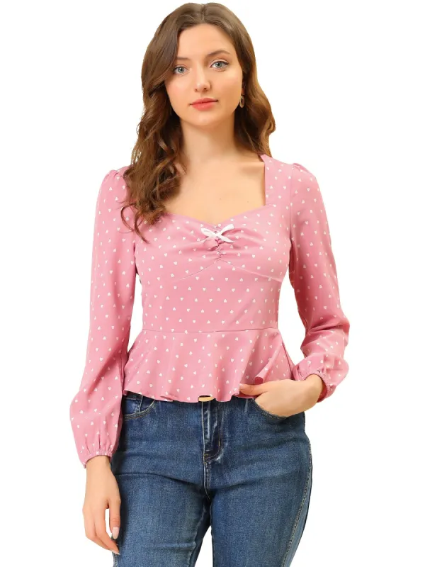 Women's Sweetheart Neck Elactic Cuffs Ruffle Hem Heart Pattern Tops sold by Allegra K