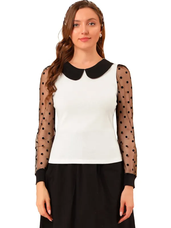 Women's Peter Pan Collar Contrast Color Mesh Sheer Dots Sleeve Tops sold by Allegra K