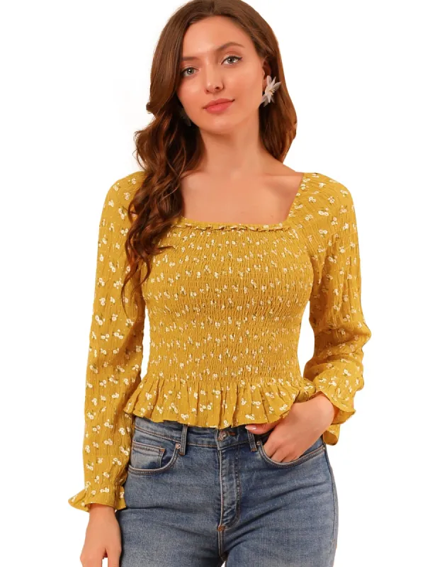 Women's Ruffle Square Neck Long Sleeve Texture Floral Smocked Blouse Top sold by Allegra K