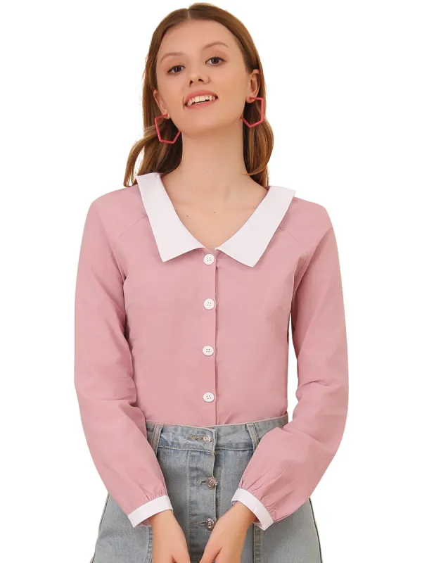 Women's Contrast Peter Pan Collar Blouse Button Up Shirt sold by Allegra K