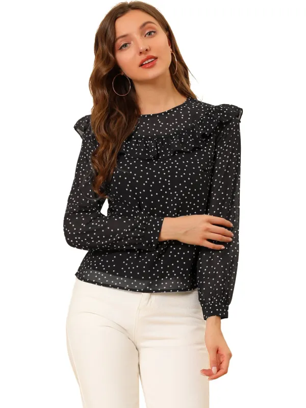 Women's Dots Chiffon Top Elegant Crew Neck Ruffle Blouse sold by Allegra K