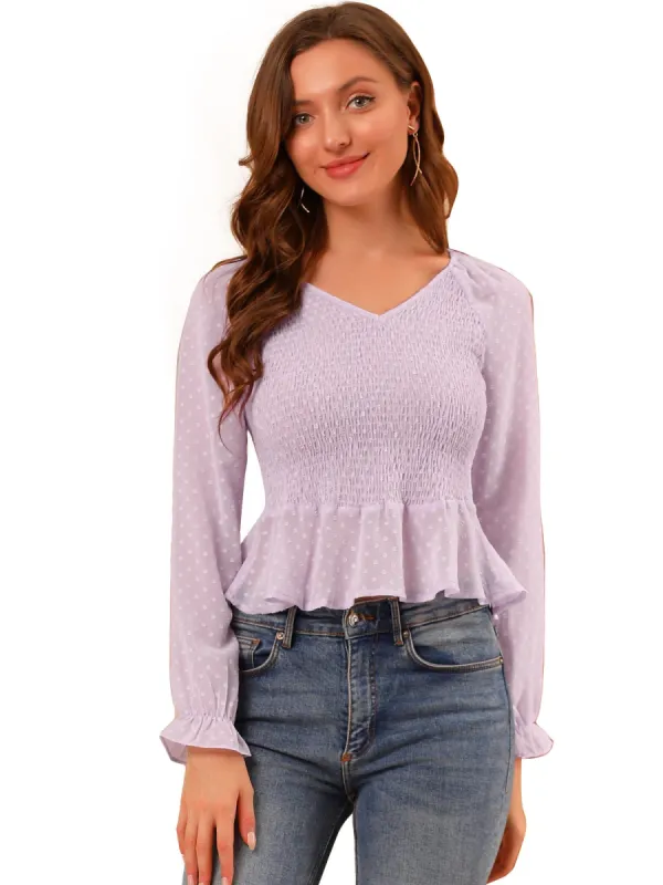 Women's Smocked Peplum Crop Top V-Neck Chiffon Ruffle Swiss Dots Blouse sold by Allegra K